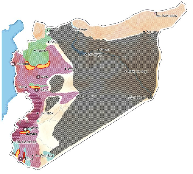 Oficiální ruská mapa příměří v Sýrii ze dne 27.2.2016